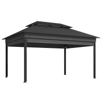 Outsunny Gazebo de grădină 4x3 m cu perdele laterale, acoperiș dublu, orificii de drenaj, Gri închis(m-1)