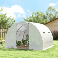 Outsunny Serre de jardin tunnel 9 m² 4 fenêtres, porte zippée enroulable châssis acier galvanisé, bâche PE 3 x 3 x 2 m blanc(m-9)