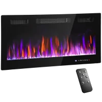 HOMCOM Șemineu Electric de Perete și Încastrat 3 în 1 cu Încălzire Ultra Subțire 9,4 cm, 12 Culori de Flacără 3D și Cristale, 900/1800W Șemineu Electric cu Telecomandă, Ecran Tactil, Timer și Termostat(m-1)