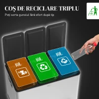 HOMCOM Coș de Gunoi cu 3 Compartimente de 20L, Cu Pedală, Capace cu Închidere Silențioasă, Oțel Inoxidabil și PP, 61,9x36,6x56,7 cm, Argintiu(m-4)