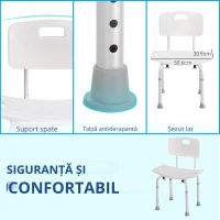 HOMCOM Scaun de Duș Antiderapant cu Spătar și Înălțime Reglabilă pe 8 Poziții, 50,6x43x71-88 cm, Alb(m-5)