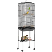 PawHut Cage à oiseaux sur pied volière oiseaux sur roulettes toit ouvrant 3 perchoirs étagère inférieure 46,5x36x157cm noir(m-11)
