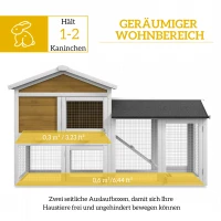 PawHut Hasenstall 2 Etagen Kaninchenstall Holz Kaninchenkäfig mit Bitumendach Freilaufgehege Rampe Türen 147x54x84 cm Gelb(m-5)