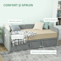 HOMCOM Pat Canapea 90/180x190 cm, Pat Extensibil Convertibil în Pat Dublu, Tapițerie, Cotiere, 2 Buzunare, Lamele din Plop, pentru Living sau Oaspeți, Gri Deschis(m-6)