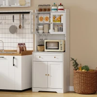 HOMCOM Keukenkast met werkblad, wijnglashouder, voorraadkast voor keuken, eetkamer, 170 cm, MDF, glas, wit(m-10)