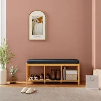 HOMCOM Bamboe Schoenenbank, Halbank met Gewatteerd Zitkussen en Open Vakken, Naturel Houtlook(m-7)