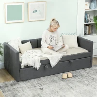 HOMCOM Cadru Pat Simplu 90x190 cm, Canapea cu Al Doilea Pat Extensibil, Tetieră Căptușită, Cotiere, Lamele din Lemn de Plop, pentru Cameră Living Oaspeți, Fără Saltea, Gri Închis(m-8)