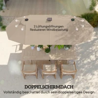 Outsunny Doppelsonnenschirm 292 x 150 cm, Sonnenschirm mit mit LED-Beleuchtung Handkurbel, Knickfunktion Khaki(m-6)