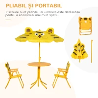 Outsunny Set de Grădină 4 Piese pentru Copii cu Model Tigru și Măsuță Rotundă, 2 Scaune Pliabile și o Umbrelă Reglabilă, Măsuță cu Scaune pentru Copii 3-6 Ani de Exterior, Galben(m-4)