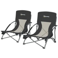 Outsunny Set of 2 Lightweight Folding Beach Chairs with Mesh Back Armrests and Carry Bag 58x55x62 cm Black(m-7)