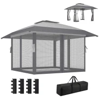 Outsunny Paviljoen 4x4m Waterdicht Verstelbaar Pop-up Inklapbaar Paviljoen met Dubbel Dak en 4 Netpanelen, UV 30+ Lichtgrijs(m-10)