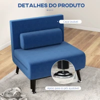 HOMCOM Sofá Cama Individual Dobrável com Encosto Ajustável em 5 Níveis Almofada e Estofado em Linho Sintético 75x70x75 cm Azul(m-7)