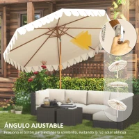Outsunny Sombrilla de Jardín Ø264x240 cm con Ángulo Ajustable Manivela y Toldo con Volantes Decorativos para Patio Terraza Crema(m-4)