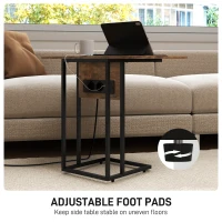 HOMCOM Măsuță de cafea în formă de C, extensibilă, cu 2 stații de încărcare, lemn și metal, 39x29x57 cm, negru și maro(m-6)