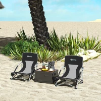 Outsunny Set of 2 Lightweight Folding Beach Chairs with Mesh Back Armrests and Carry Bag 58x55x62 cm Black(m-2)