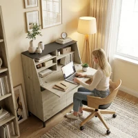 HOMCOM Industrial Secretary Desk with Shelves and Metal Frame 100 cm Natural Wood and Black(m-5)