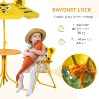 Outsunny Set de Grădină 4 Piese pentru Copii cu Model Tigru și Măsuță Rotundă, 2 Scaune Pliabile și o Umbrelă Reglabilă, Măsuță cu Scaune pentru Copii 3-6 Ani de Exterior, Galben(m-7)