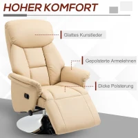 HOMCOM Relaxsessel, Liegefunktion, Lederoptik, Fußstütze, bis 150 kg, 78 x 80 x 109 cm, Beige(m-6)