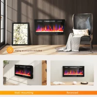HOMCOM Șemineu Electric de Perete și Încastrat 3 în 1 cu Încălzire Ultra Subțire 9,4 cm, 12 Culori de Flacără 3D și Cristale, 900/1800W Șemineu Electric cu Telecomandă, Ecran Tactil, Timer și Termostat(m-9)