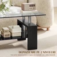 HOMCOM Măsuță de Cafea Modernă cu 2 Nivele din Lemn și Oțel cu Blat din Sticlă Securizată, 90x50x42 cm, Negru(m-5)