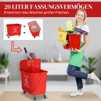 HOMCOM 20 L Mopp-Eimer mit Auswringer und Griff, Wischmopp-Eimer auf Rädern, Kunststoff, Rot(m-4)