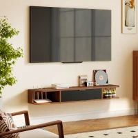 HOMCOM Mobilier TV Suspendat, Suport TV Până la 50" cu Sertar Rabatabil, 2 Rafturi Deschise și Orificiu pentru Cabluri, Mobilier pentru Televizor pentru Sufragerie, Dormitor și Sală de Stat, 120x24x16 cm, Nuc(m-9)