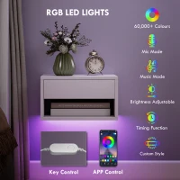 HOMCOM Set 2 Noptiere Suspendate cu LED RGB Integrat și Reglabil prin Aplicație, Sertar și Raft, 37x32x21 cm, Alb(m-4)