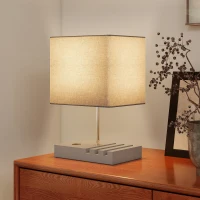 HOMCOM Bedside Lamp with USB A+C Charging Ports and 3 Phone Stands, Modern Table Lamp with Solid Wood Base and Fabric Shade for Bedroom Living Room Office, E27 Socket, Bulb Not Included, Grey(m-7)