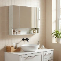 kleankin Armadietto con Specchio a 4 Sezioni con Ripiani Regolabili, Specchiera Bagno in Legno e Vetro, 90x15x75 cm, Bianco(m-2)