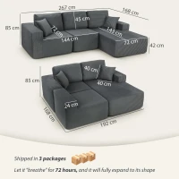 HOMCOM Modular corner sofa, L-shaped sofa bed with deep seat, wide armrests, 2 cushions, Dark gray(m-3)