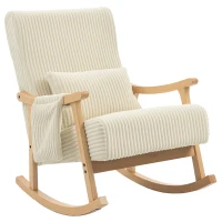 HOMCOM Silla Mecedora de Pana con Cojín Lumbar Patas y Reposabrazos de Madera de Caucho Bolsillo Estilo Moderno Beige(m-1)