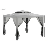 Outsunny Pérgola de Jardim 297x297x268 cm Pérgola com 4 Redes Mosquiteiras Laterais e 8 Orifícios de Drenagem  Cinza(m-3)