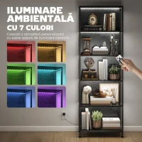 HOMCOM Bibliotecă cu 5 Rafturi, Verticală cu Iluminare LED în 7 Culori, Economisire Spațiu pentru Living, Dormitor și Birou, 60x30x179 cm, Negru(m-4)