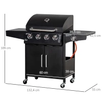 Outsunny Gasgrill BBQ mit 3 Brennern je 3 kw mobiler Grillwagen mit 4 Rädern Grillnetz Seitentischen Druckminderer Schläuche Schrank Multifunktion Metall Schwarz 132,4cm x 55cm x 109cm(m-3)