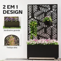 Outsunny Floreira Exterior Grande com Rodas e Painel de Privacidade com Folhas de Monstera Estrutura de Metal 90x30x160 cm Preto(m-4)