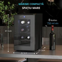 HOMCOM Frigider pentru Vinuri Refrigerat pentru 8 Sticle, Capacitate 21L, Display Touch și Rafturi Reglabile, Negru(m-3)