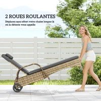 Outsunny Lot de 2 transats bains de soleil : matelas, têtière, inclinaison réglable roulettes + table basse verre trempé gris foncé(m-6)