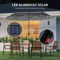 Outsunny  Umbrela de terasa cu doua fete cu lumini solare si baza in cruce, Umbrela de masa pentru exterior cu buton de inclinare, manivela, 2 orificii de ventilatie, pentru gradina, punte, Gri(m-4)