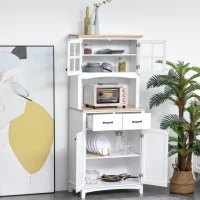 HOMCOM Freestanding Kitchen Cupboard, Kitchen Storage Cabinet with Framed Glass Doors, 2 Drawers, Microwave Counter, 172cm, White(m-12)