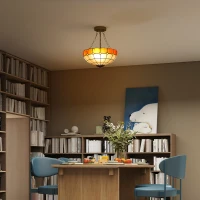 HOMCOM Tiffany Style Ceiling Light, Vintage Chandelier with 3 E27 Sockets, Semi Flush Mount for Living Room, Bulbs Not Included(m-8)