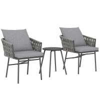 Outsunny 3-teiliges Außenmöbel-Set, 2 Stühle, 1 Tisch, Bistro-Set, Kunst-Rattan, Stahlrahmen, Metalltisch, 4 Kissen, Grau(m-10)