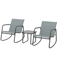 Outsunny 3-teiliges Garten-Set mit 2 Schaukelstühlen, Tisch mit Glasplatte und Stahlgestell für Terrasse, Grau(m-6)