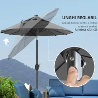 Outsunny  Umbrela de terasa cu doua fete cu lumini solare si baza in cruce, Umbrela de masa pentru exterior cu buton de inclinare, manivela, 2 orificii de ventilatie, pentru gradina, punte, Gri(m-5)
