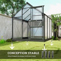 Outsunny Serre de jardin polycarbonate 3,65m² 190 x 192 x 201 cm résistant aux UV fondation renforcé gouttière Gris(m-6)
