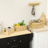 HOMCOM 3er-Set Aufbewahrungskörbe mit Griffen und Metallgestell, für Regale, Schlafzimmer Wohnzimmer, Badezimmer, Naturton(m-7)