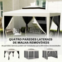 Outsunny Pérgola de Jardim com 4 Mosquiteiras Teto Duplo 8 Orifícios de Drenagem e Estrutura de Metal 297x297x268 cm Creme(m-7)
