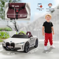 HOMCOM Coche Eléctrico para Niños 37-72 Meses Autorización BMW I4 con Control Remoto y Cinturón de Seguridad 115x67x45cm Blanco(m-3)