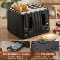 HOMCOM Tostadora 4 Ranuras Anchas 7 Niveles de Tostado Función Descongelar Recalentar y Cancelar Bandeja Extraíble Negro(m-7)