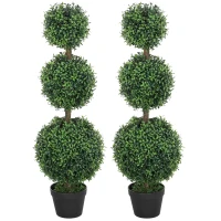 HOMCOM Set of 2 Decorative Artificial Trees, Topiary Ball-shaped Boxwood Trees in Pot, Fake Plants for Home Indoor outdoor Decor, 100cm, 3 Tree Balls(m-11)