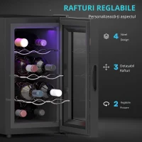 HOMCOM Frigider pentru Vinuri Refrigerat pentru 8 Sticle, Capacitate 21L, Display Touch și Rafturi Reglabile, Negru(m-6)